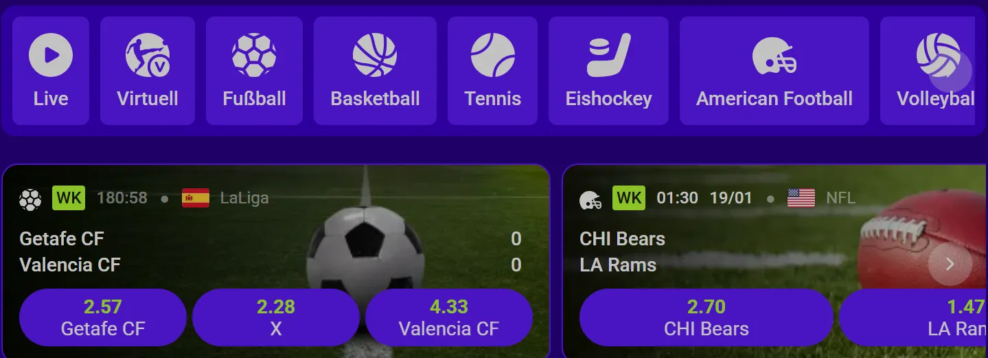Betoranje Casino sportsbook met sportcategorieen